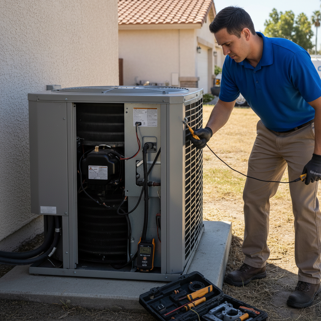Technician diagnosing unusual noise from AC unit during repair service in Fresno.