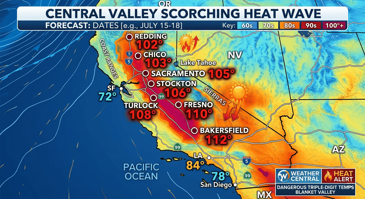 Central Valley weather graphic showing extreme heat
