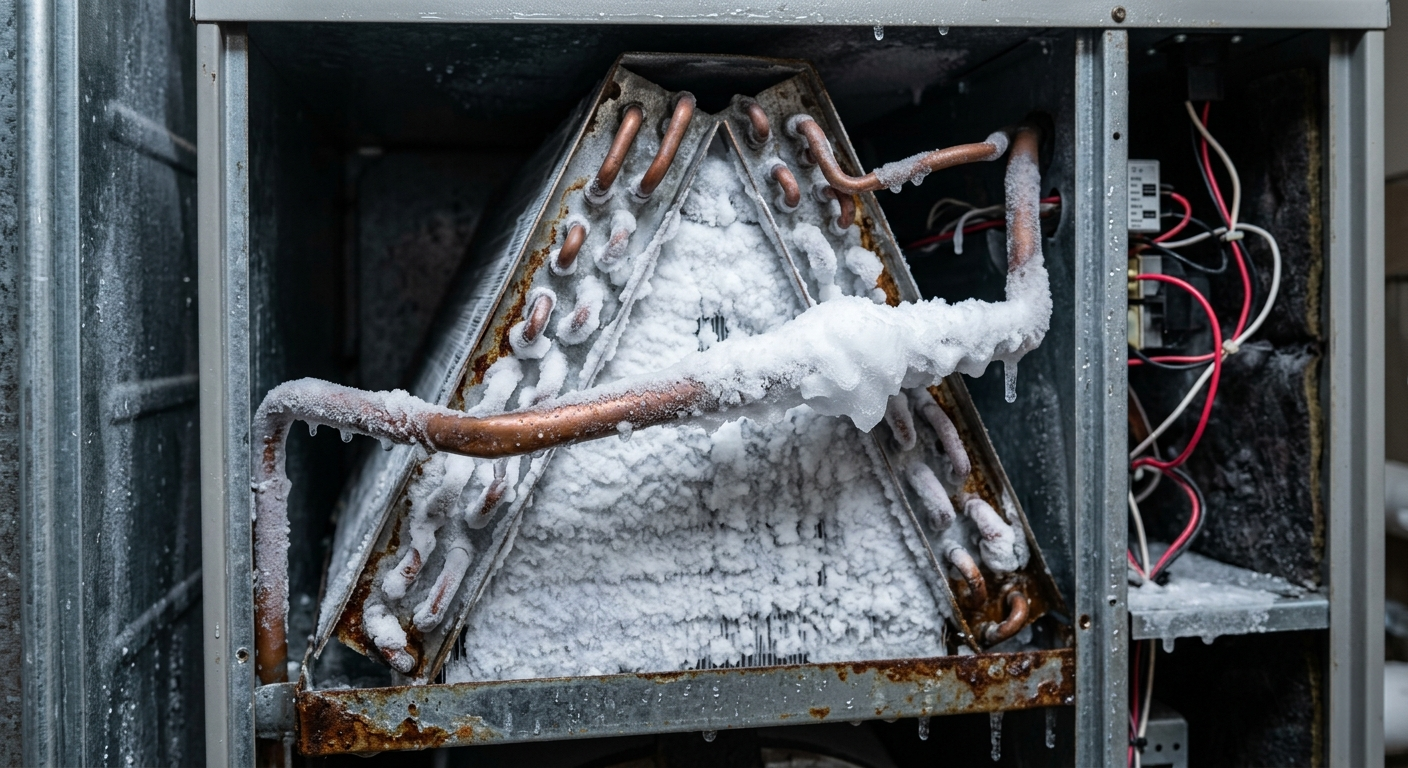 Frozen AC evaporator coils covered in ice