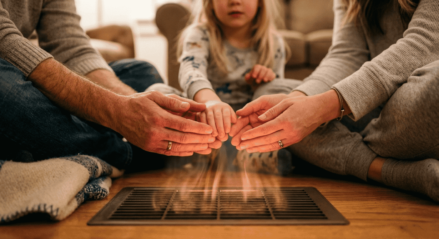 Person warming their hands by a furnace vent